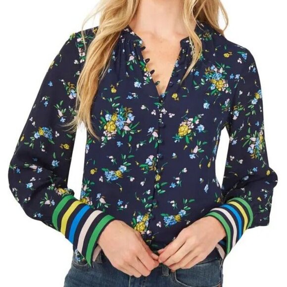 NWT Cece Bouquet Print Blouse In Classic Navy - Picture 1 of 8